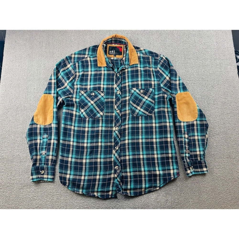DRL Essentials Flannel Shirt Men L Blue Regular Plaid Patches Outdoor Gorpcore